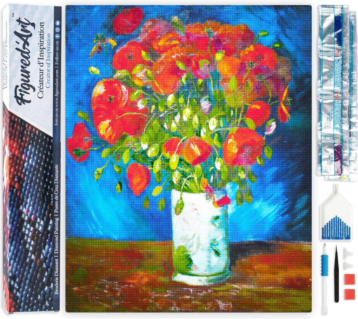 FiguredArt Diamond Painting set Volwassenen 40x50 cm Vaas met Klaprozen - Van Gogh - 5D DIY Art full drill vierkante diamant - Opgerold canvas